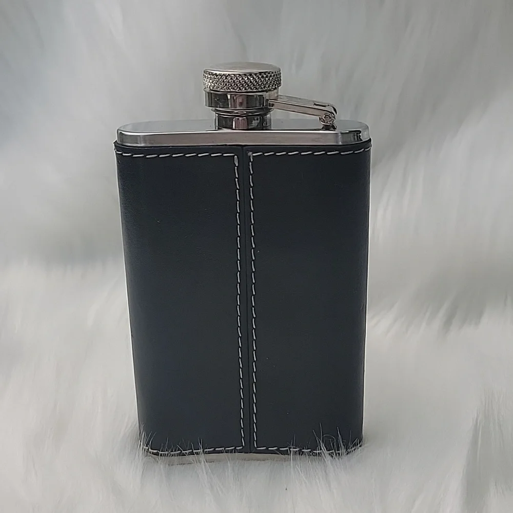 Black Faux Leather Contrast White Stitching Stainless Steel 3.5 oz. Pocket Flask